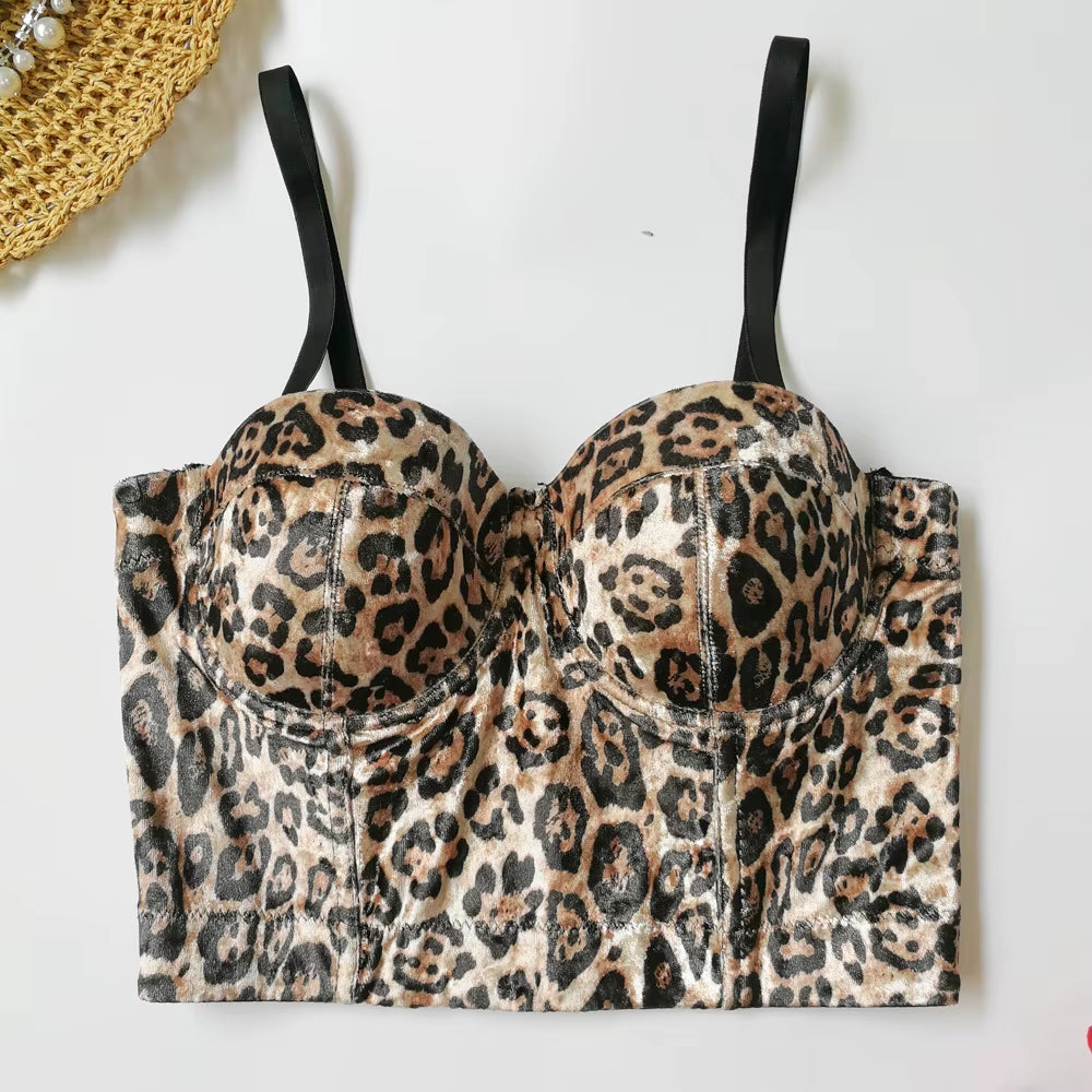 2023 New Women Camisole Top Leopard Printing Stretch Crop Top Underwired Bustier Bra Night Club Party Tank Tops Female Top