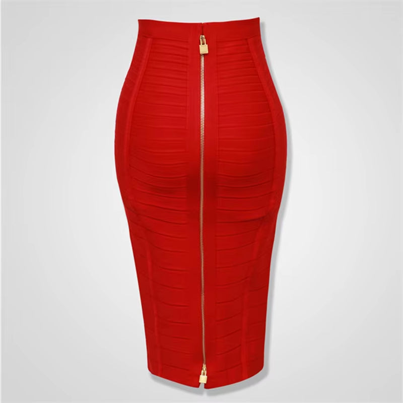 High Quality Black Red Blue Orange Zipper Bodycon Rayon Bandage Skirt Day Party Pencil Skirt