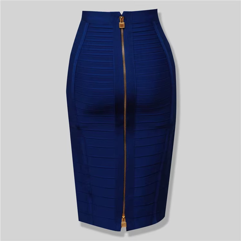 High Quality Black Red Blue Orange Zipper Bodycon Rayon Bandage Skirt Day Party Pencil Skirt