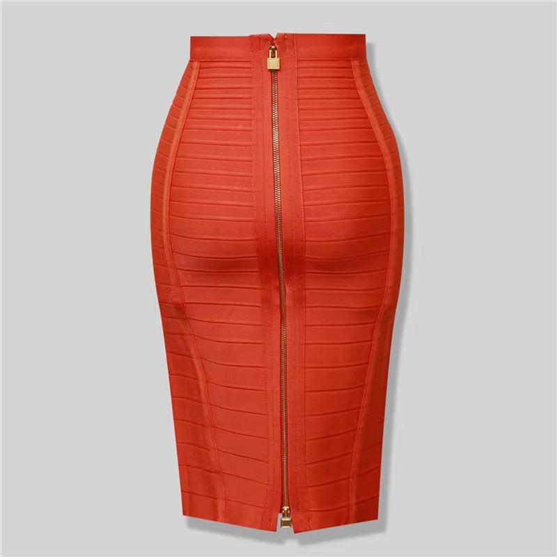 High Quality Black Red Blue Orange Zipper Bodycon Rayon Bandage Skirt Day Party Pencil Skirt