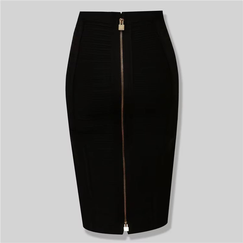 High Quality Black Red Blue Orange Zipper Bodycon Rayon Bandage Skirt Day Party Pencil Skirt