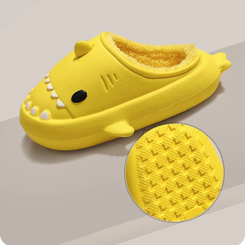 Couples Home Slippers Winter Warm Parent Kids Cute Cartoon Shark Slipper Women Men Indoor Waterproof Soft Thick Sole Fur Slides