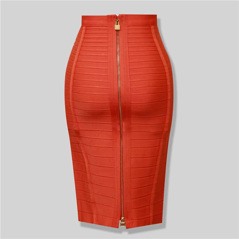 High Quality Black Red Blue Orange Zipper Bodycon Rayon Bandage Skirt Day Party Pencil Skirt